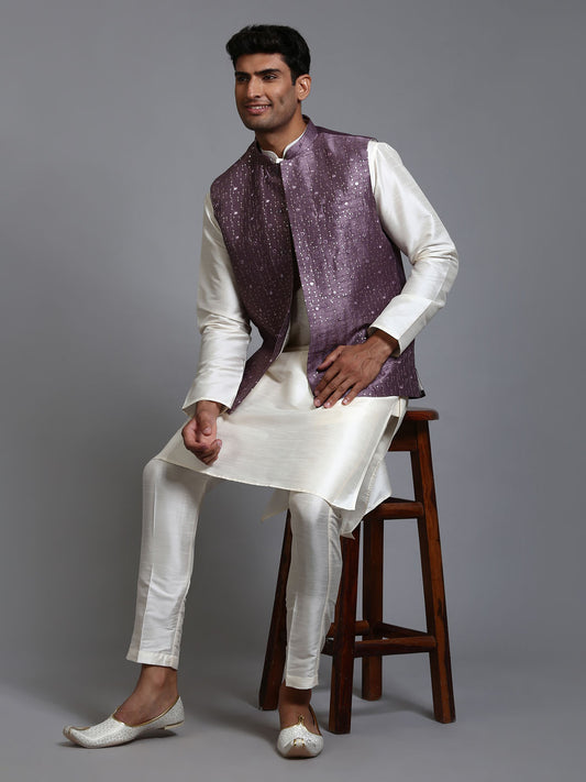 Men's Cream Silk Blend Straight Jacket  Kurta and Pyjama Set