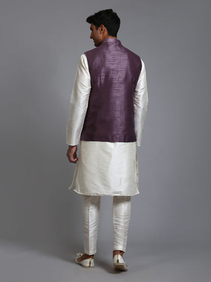Men's Cream Silk Blend Straight Jacket  Kurta and Pyjama Set