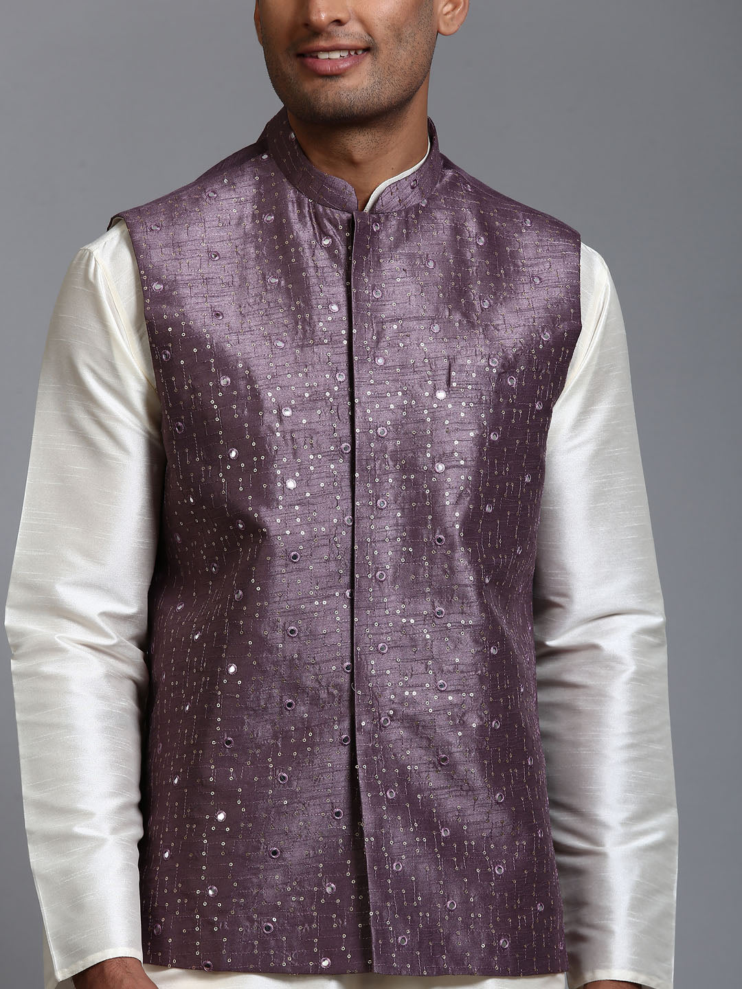 Men's Cream Silk Blend Straight Jacket  Kurta and Pyjama Set