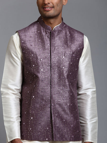 Men's Cream Silk Blend Straight Jacket  Kurta and Pyjama Set
