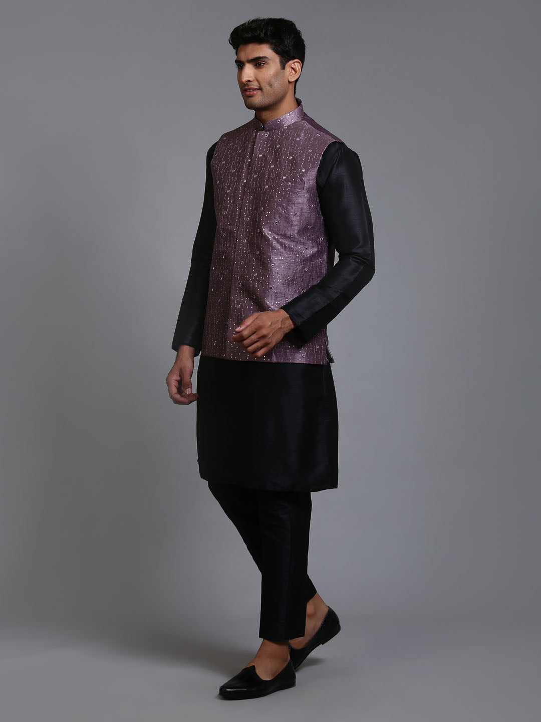 Men's Black Silk Blend Straight Jacket  Kurta and Pyjama Set