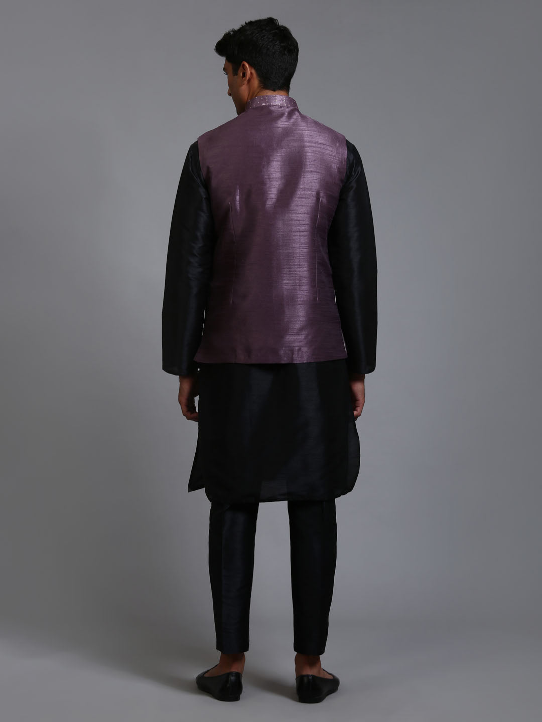 Men's Black Silk Blend Straight Jacket  Kurta and Pyjama Set