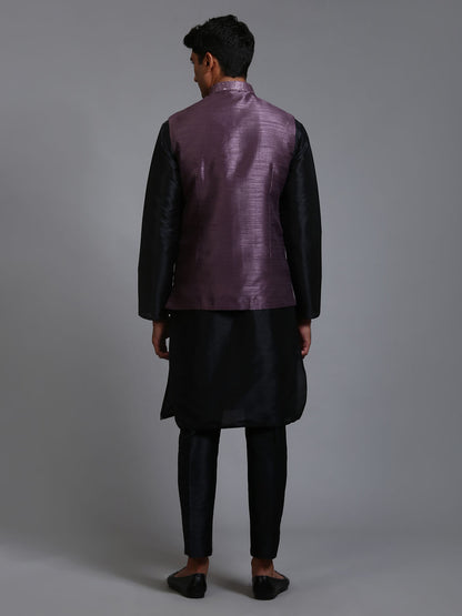 Men's Black Silk Blend Straight Jacket  Kurta and Pyjama Set