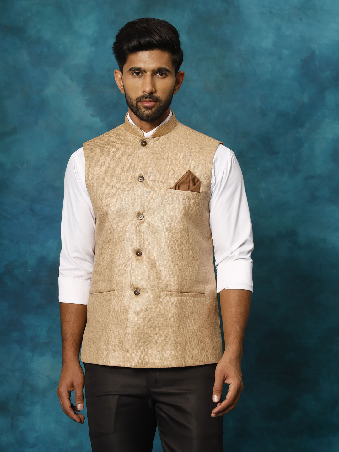 Men's Beige Silk Blend Straight Nehru Jacket