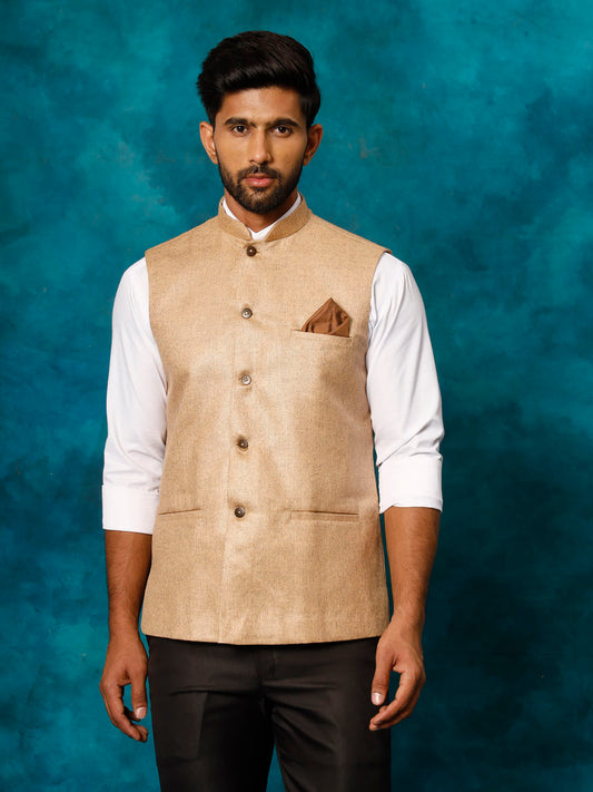 Men's Beige Silk Blend Straight Nehru Jacket
