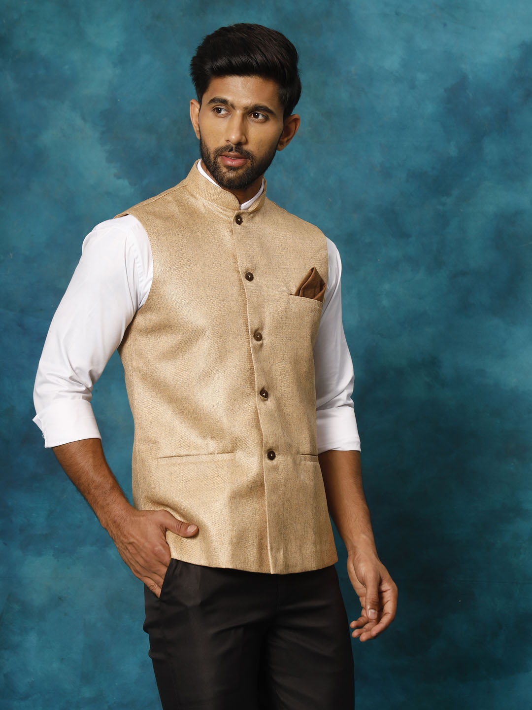 Men's Beige Silk Blend Straight Nehru Jacket