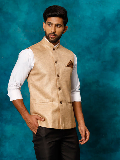 Men's Beige Silk Blend Straight Nehru Jacket
