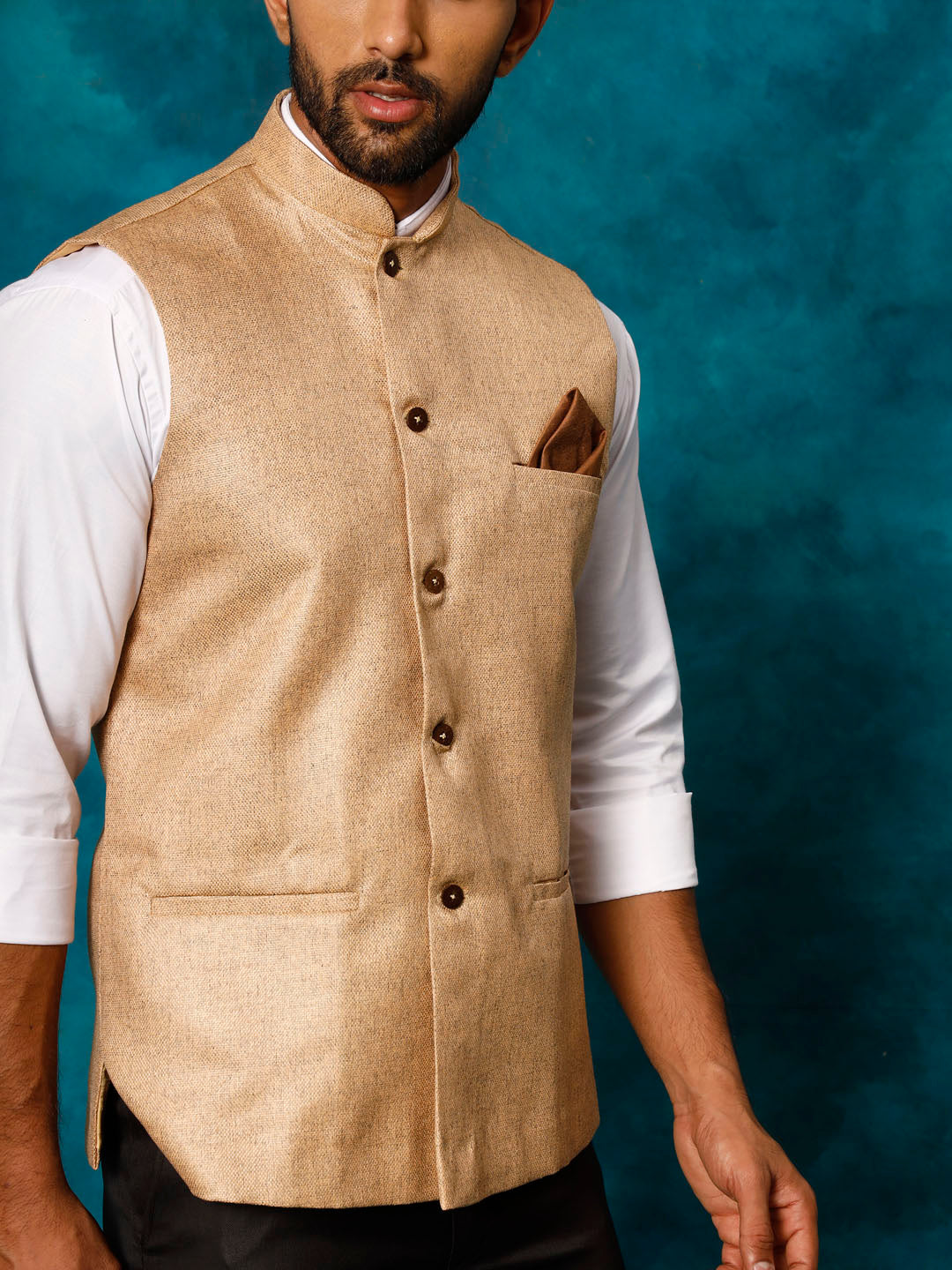 Men's Beige Silk Blend Straight Nehru Jacket