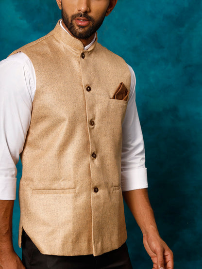 Men's Beige Silk Blend Straight Nehru Jacket