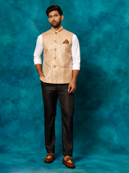 Men's Beige Silk Blend Straight Nehru Jacket