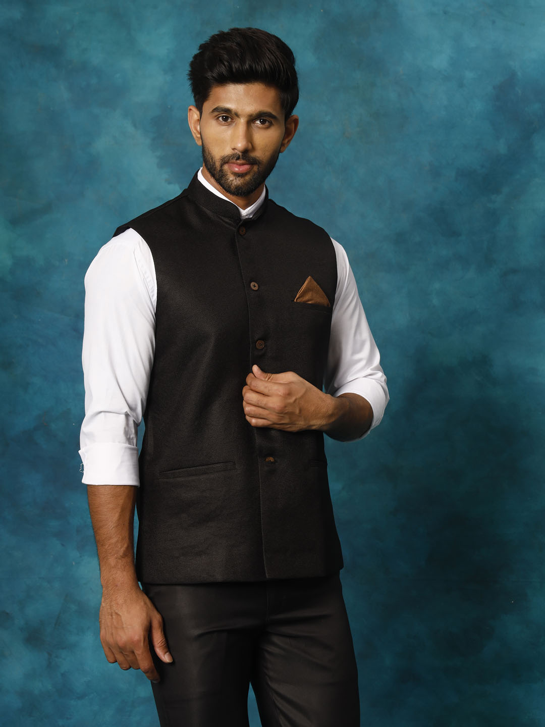 Men's Black Silk Blend Straight Nehru Jacket