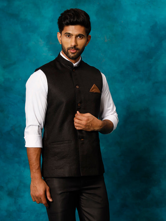 Men's Black Silk Blend Straight Nehru Jacket