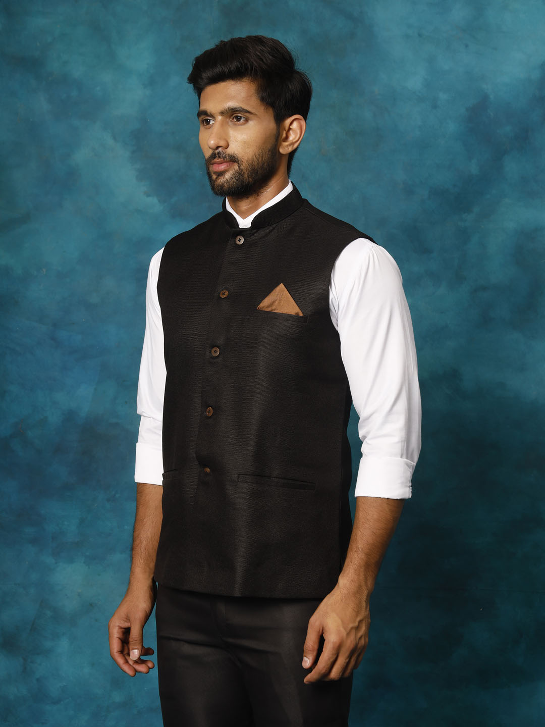 Men's Black Silk Blend Straight Nehru Jacket