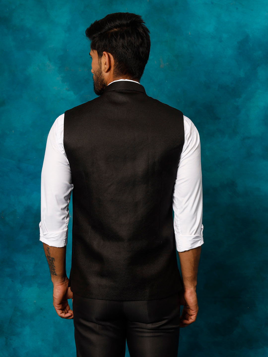 Men's Black Silk Blend Straight Nehru Jacket