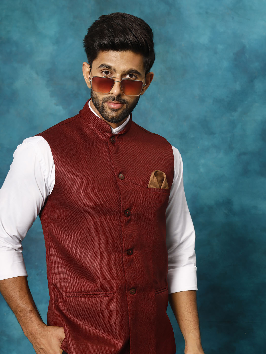 Men's Maroon Silk Blend Straight Nehru Jacket