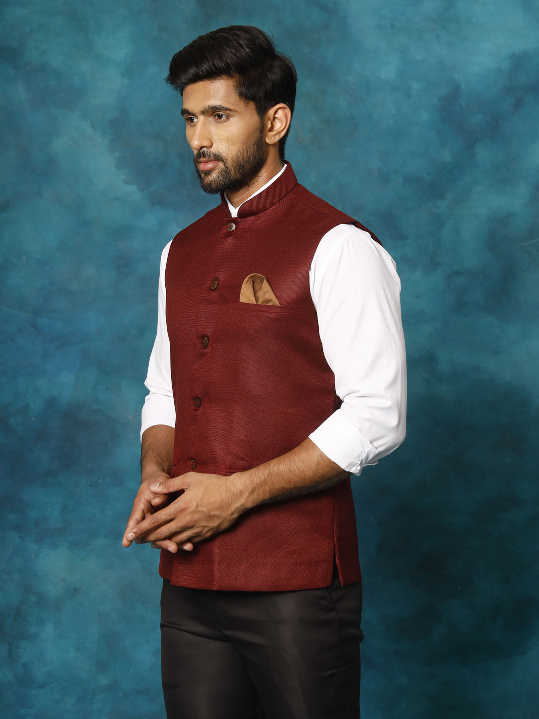 Men's Maroon Silk Blend Straight Nehru Jacket