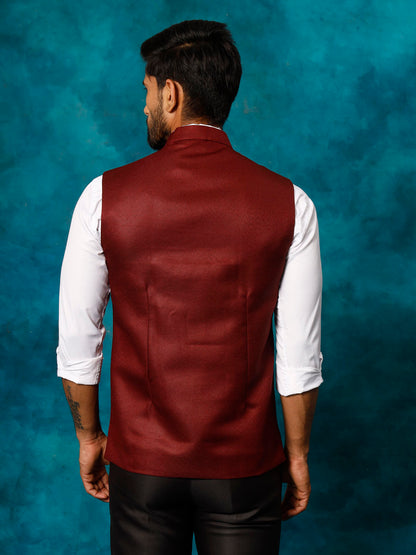 Men's Maroon Silk Blend Straight Nehru Jacket