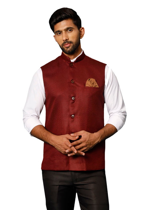 Men's Maroon Silk Blend Straight Nehru Jacket