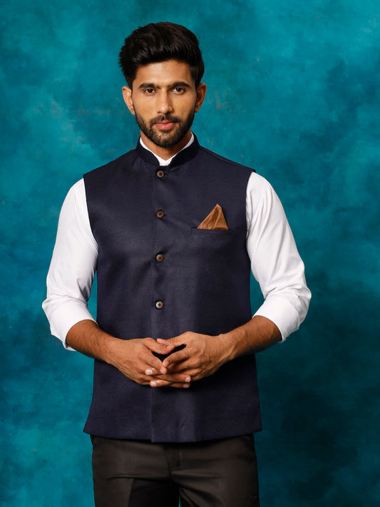 Men's Navy Blue Silk Blend Straight Nehru Jacket