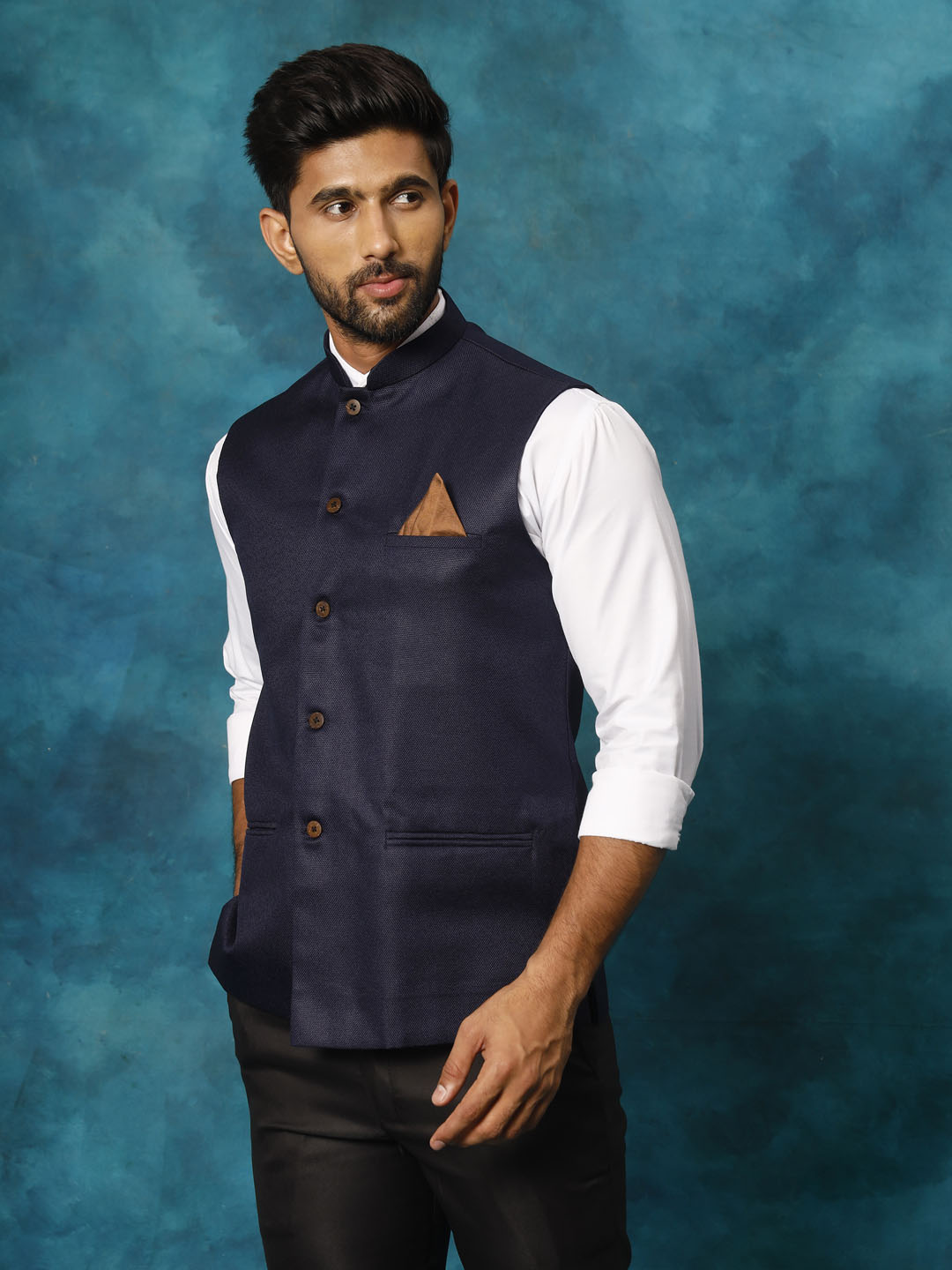 Men's Navy Blue Silk Blend Straight Nehru Jacket