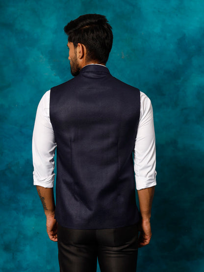 Men's Navy Blue Silk Blend Straight Nehru Jacket