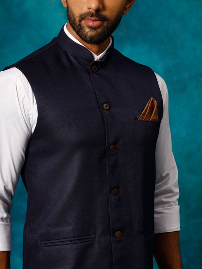 Men's Navy Blue Silk Blend Straight Nehru Jacket