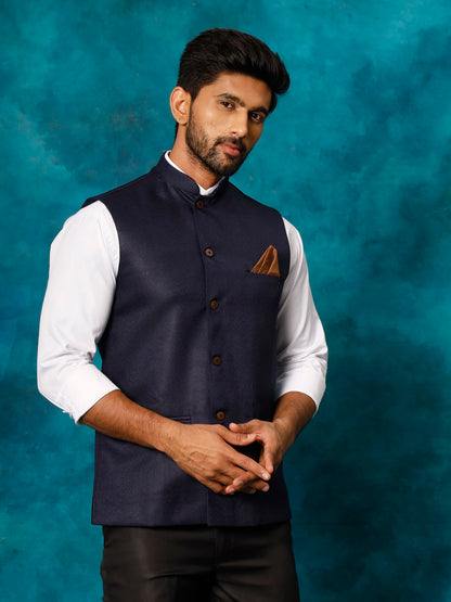 Men's Navy Blue Silk Blend Straight Nehru Jacket