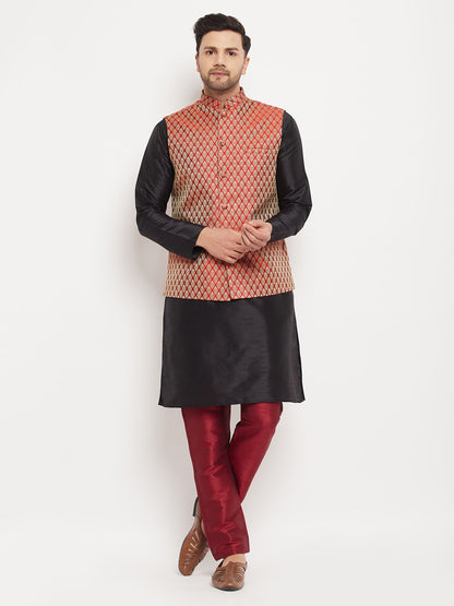 Men's Black Silk Blend Straight Jacket  Kurta and Pyjama Set