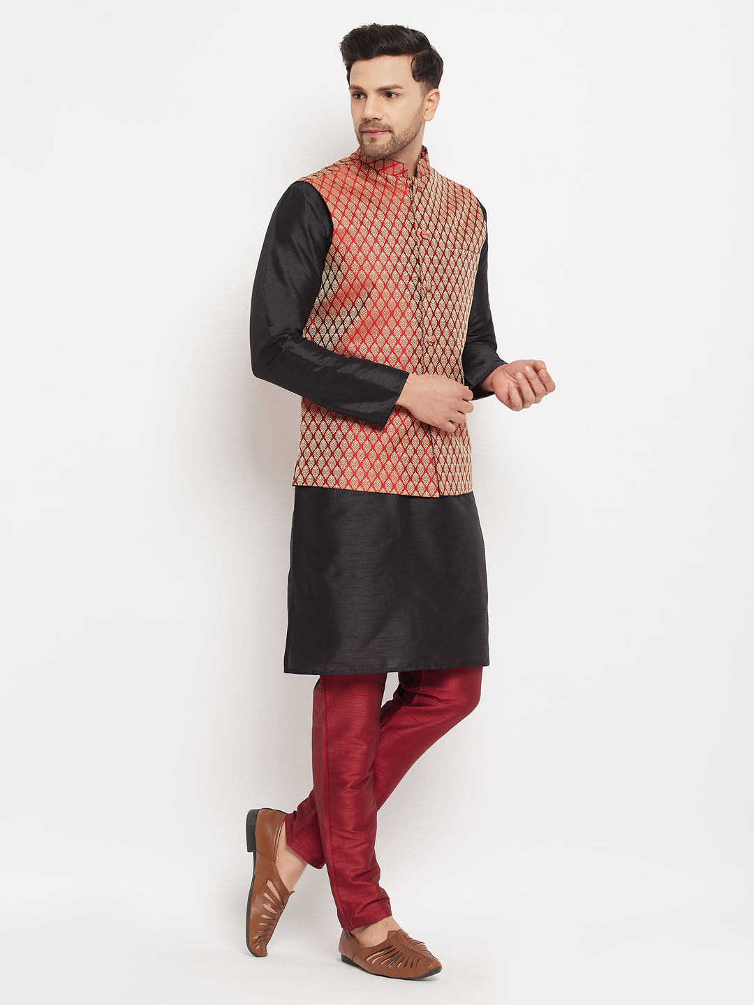 Men's Black Silk Blend Straight Jacket  Kurta and Pyjama Set