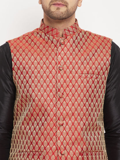 Men's Black Silk Blend Straight Jacket  Kurta and Pyjama Set