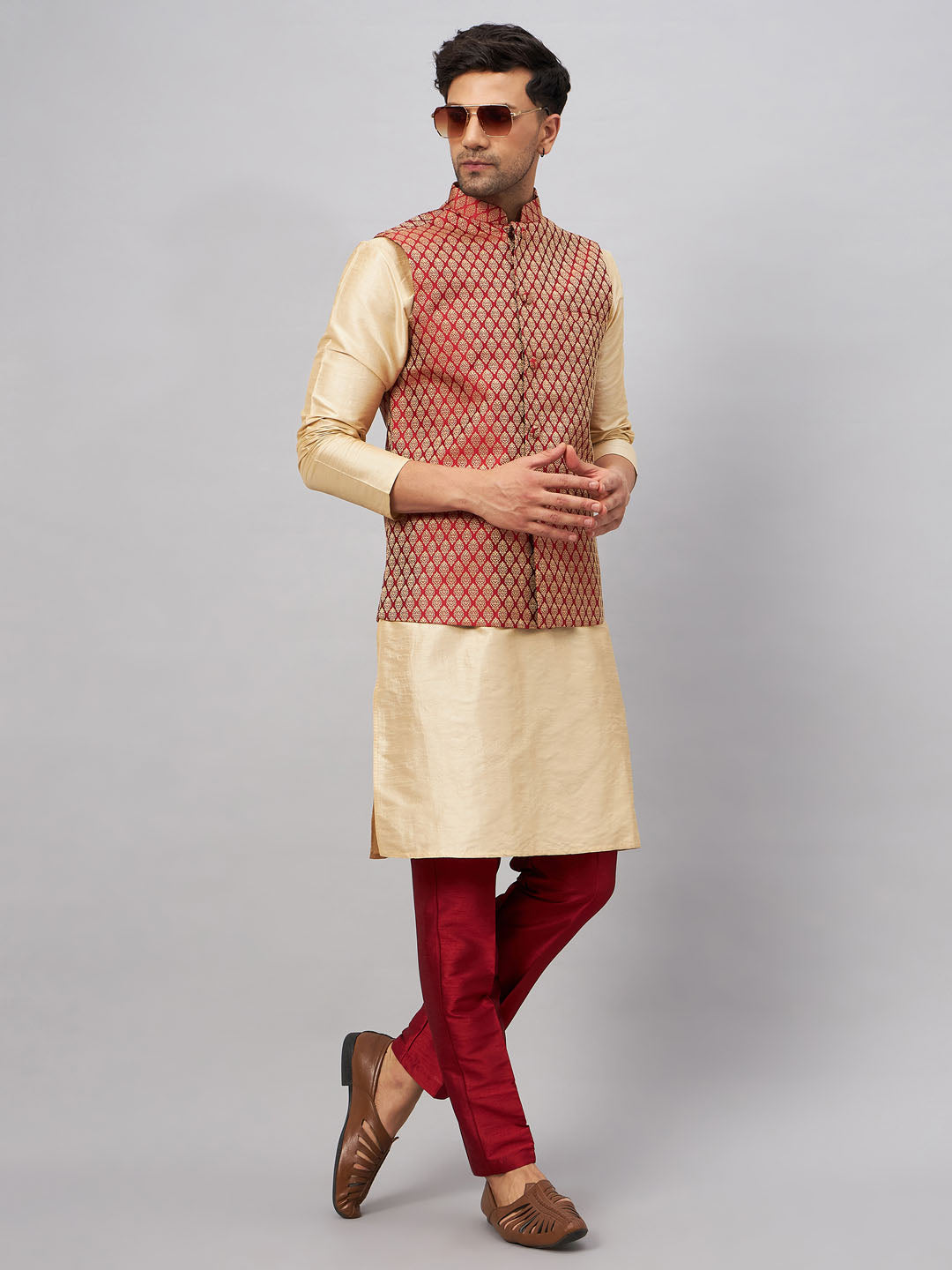Men's Gold Silk Blend Straight Jacket  Kurta and Pyjama Set