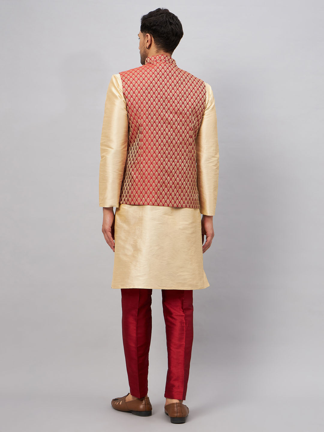 Men's Gold Silk Blend Straight Jacket  Kurta and Pyjama Set