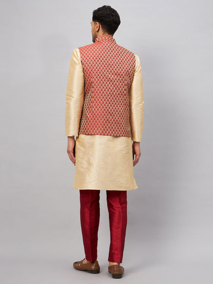 Men's Gold Silk Blend Straight Jacket  Kurta and Pyjama Set