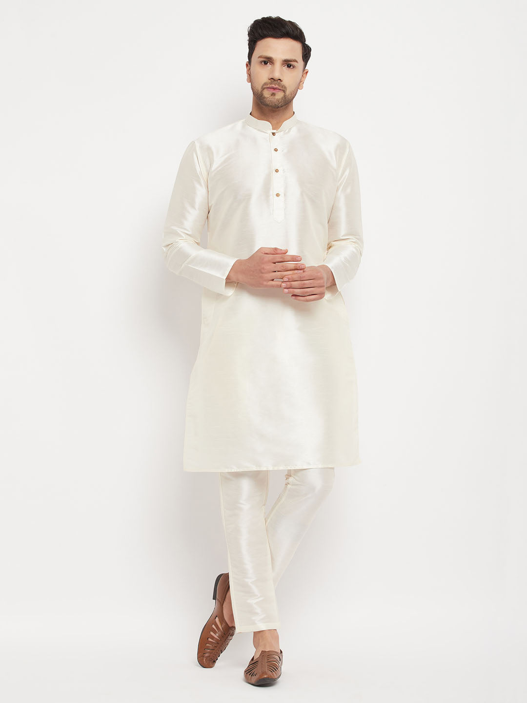 Men's Cream Silk Blend Straight Kurta Pyjama Set