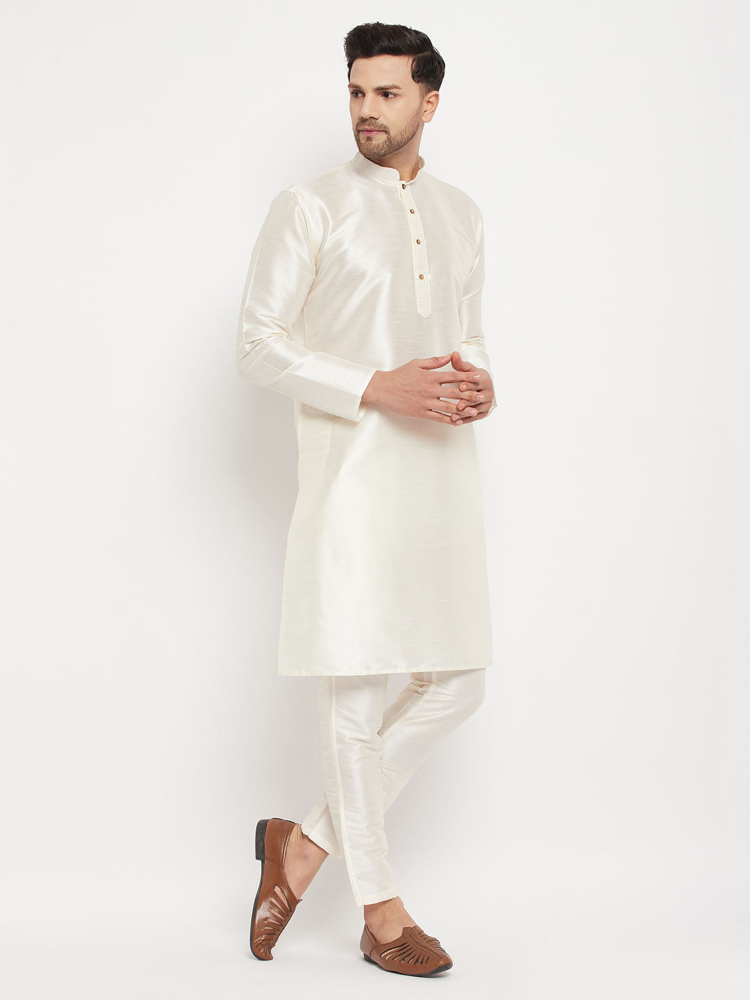 Men's Cream Silk Blend Straight Kurta Pyjama Set