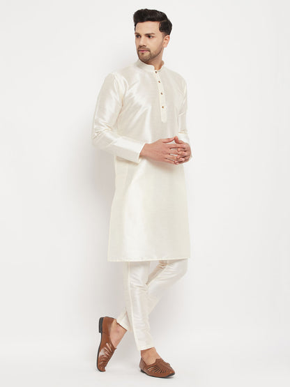 Men's Cream Silk Blend Straight Kurta Pyjama Set