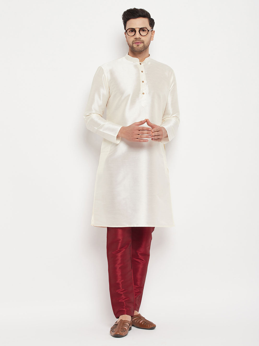 Men's Cream Silk Blend Straight Kurta Pyjama Set