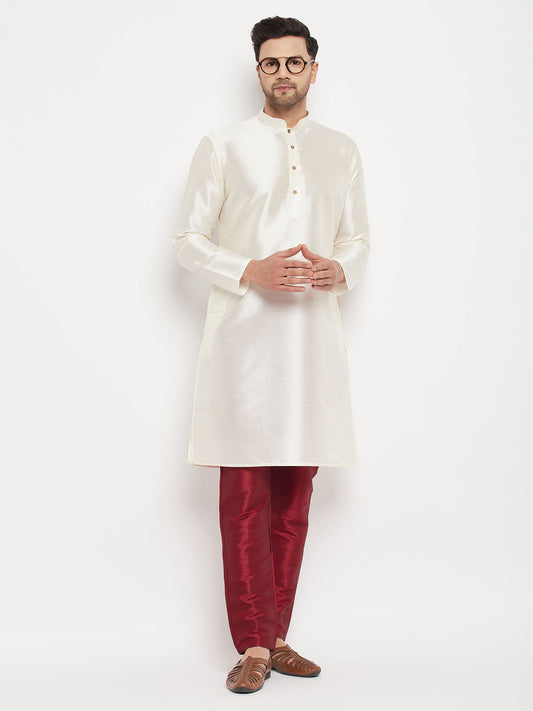 Men's Cream Silk Blend Straight Kurta Pyjama Set