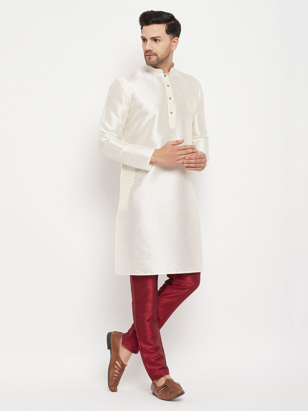 Men's Cream Silk Blend Straight Kurta Pyjama Set