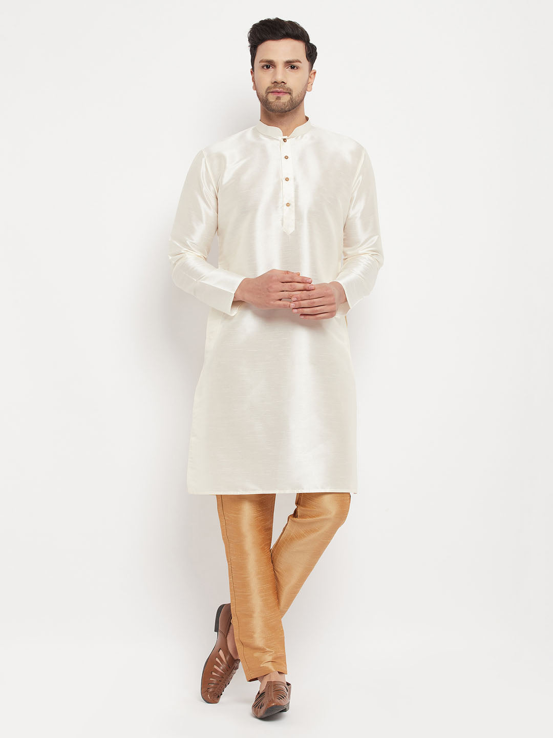 Men's Cream Silk Blend Straight Kurta Pyjama Set