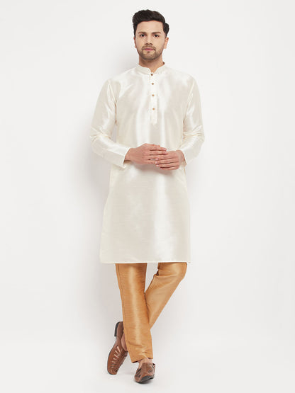Men's Cream Silk Blend Straight Kurta Pyjama Set