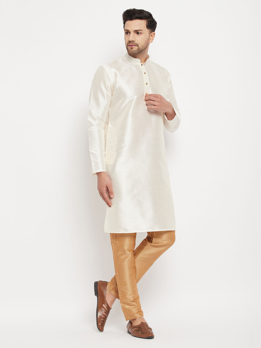 Men's Cream Silk Blend Straight Kurta Pyjama Set