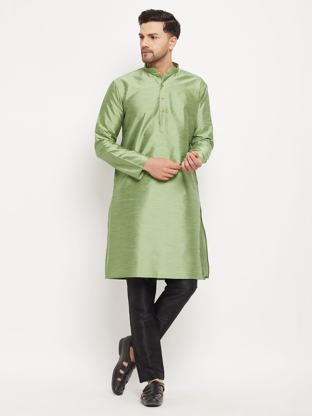 Men's Mint Green Silk Blend Straight Kurta Pyjama Set