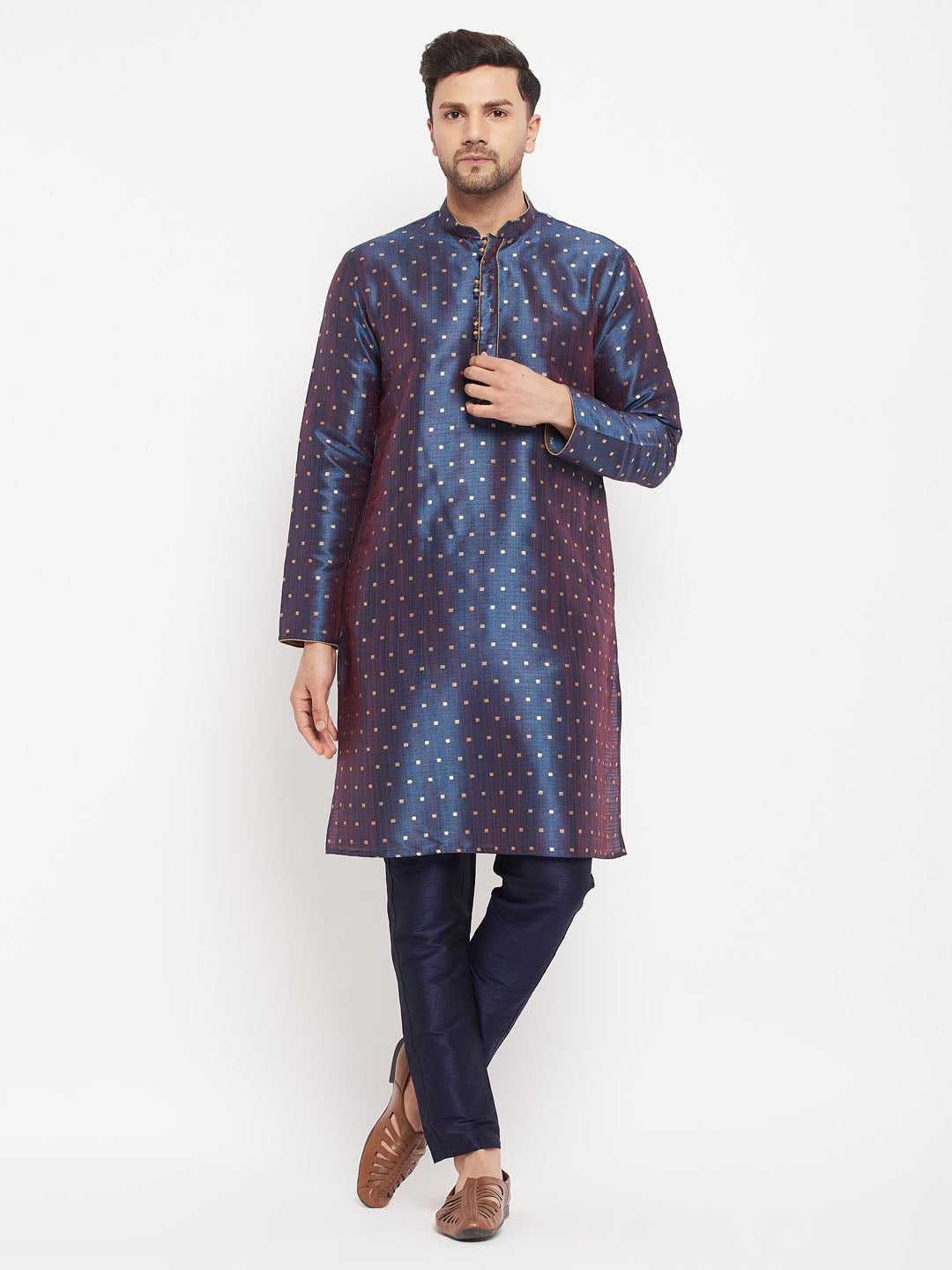 Men's Blue Silk Blend Straight Kurta Pyjama Set