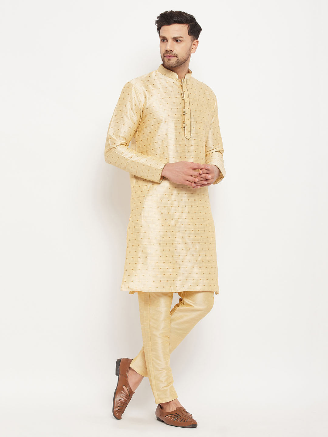 Men's Gold Silk Blend Straight Kurta Pyjama Set