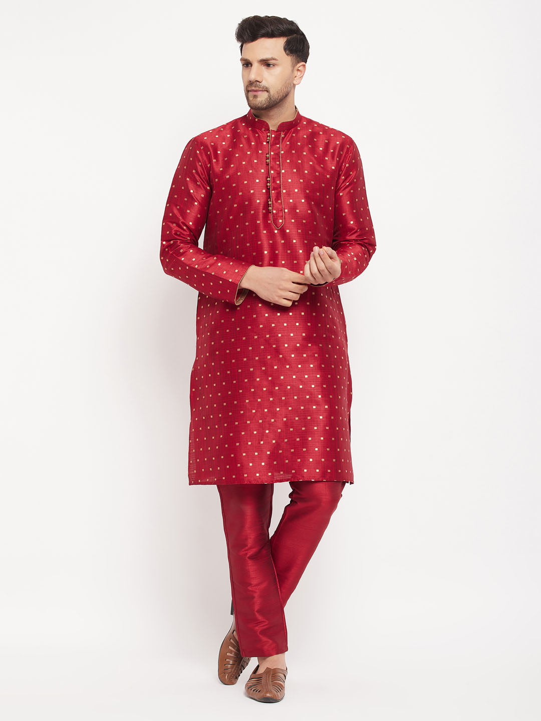 Men's Maroon Silk Blend Straight Kurta Pyjama Set