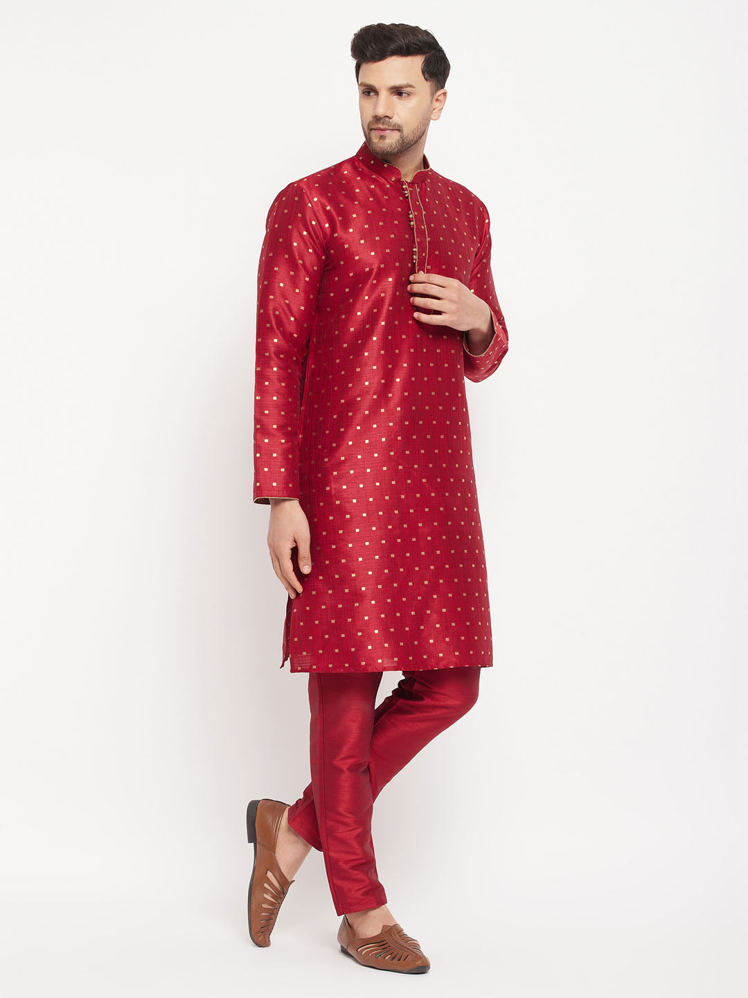 Men's Maroon Silk Blend Straight Kurta Pyjama Set