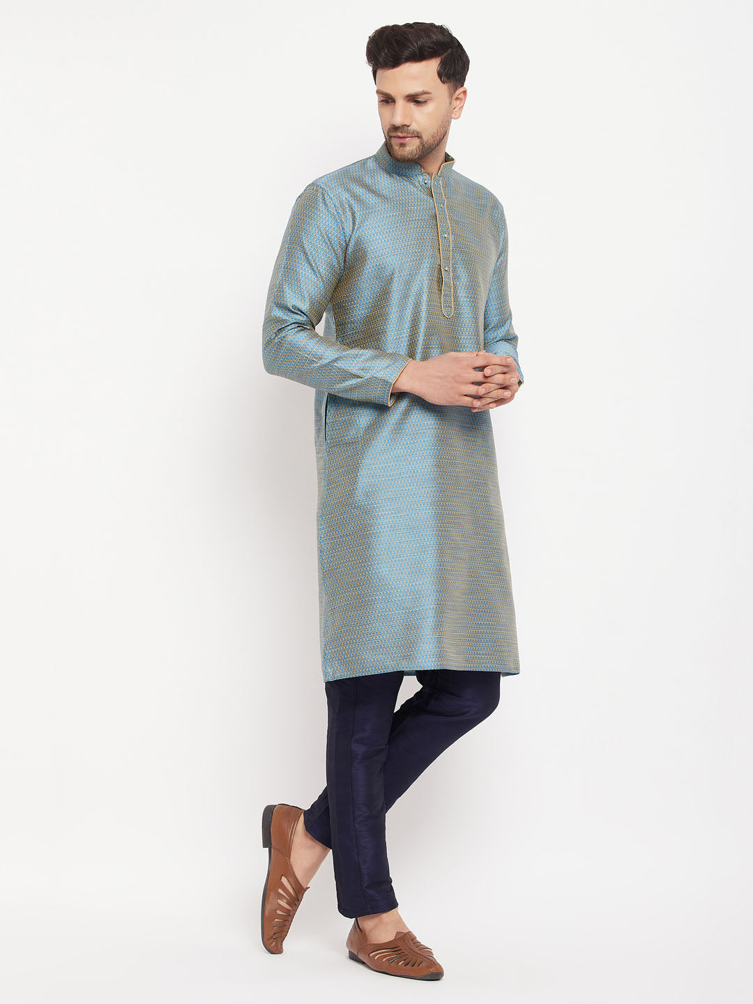 Men's Aqua Silk Blend Straight Kurta Pyjama Set