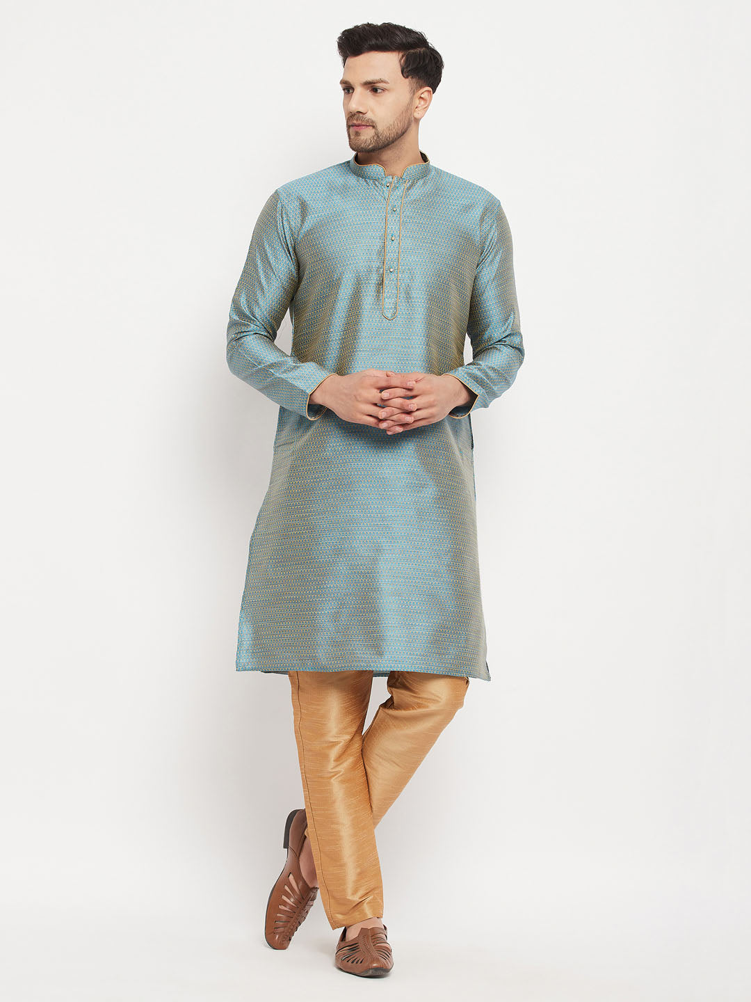 Men's Aqua Silk Blend Straight Kurta Pyjama Set
