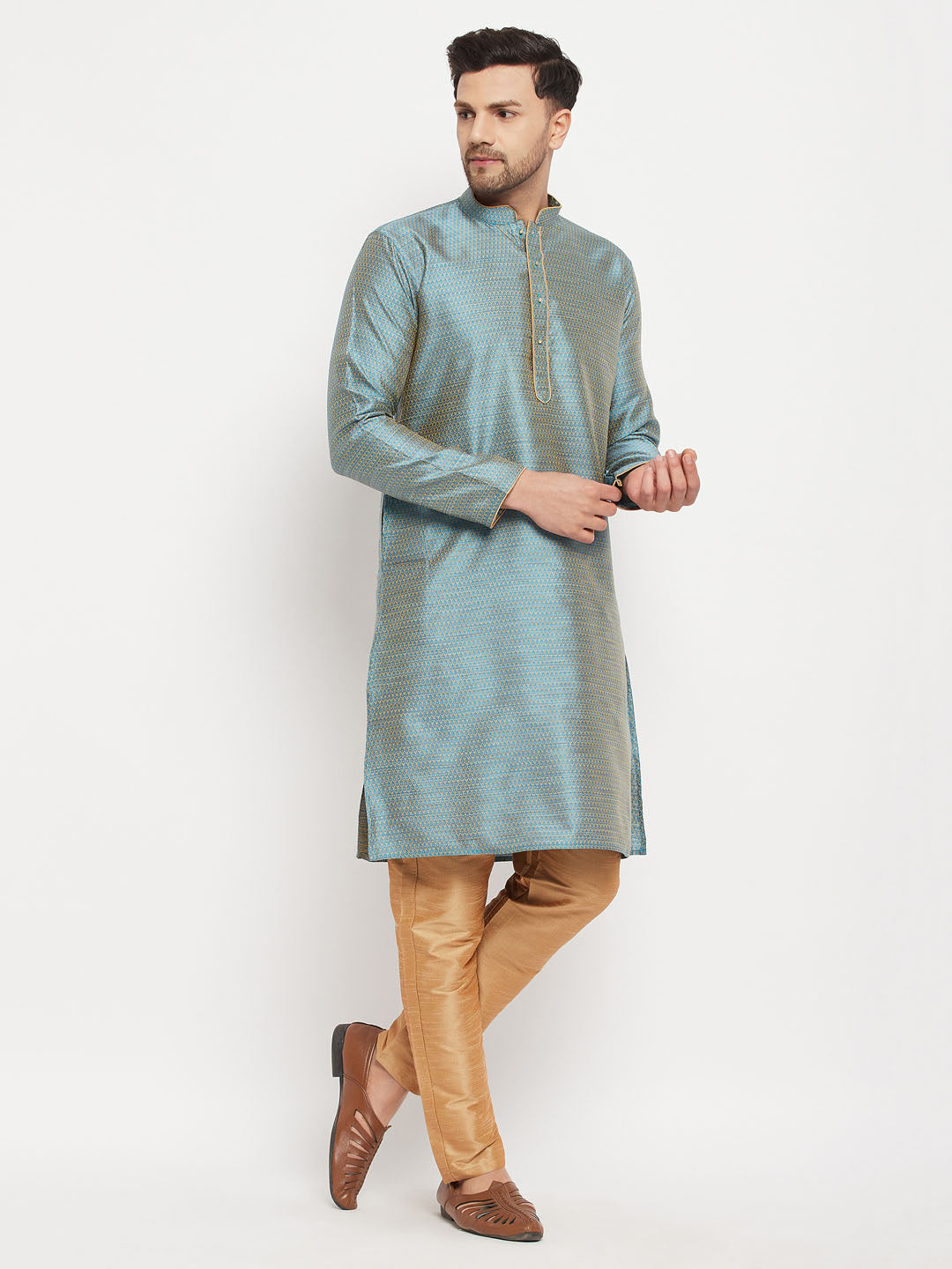 Men's Aqua Silk Blend Straight Kurta Pyjama Set